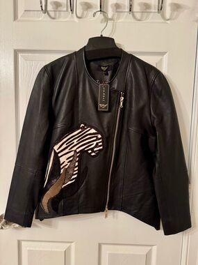 Sharif Designer Black Leather Jacket with Panther Patch NWT